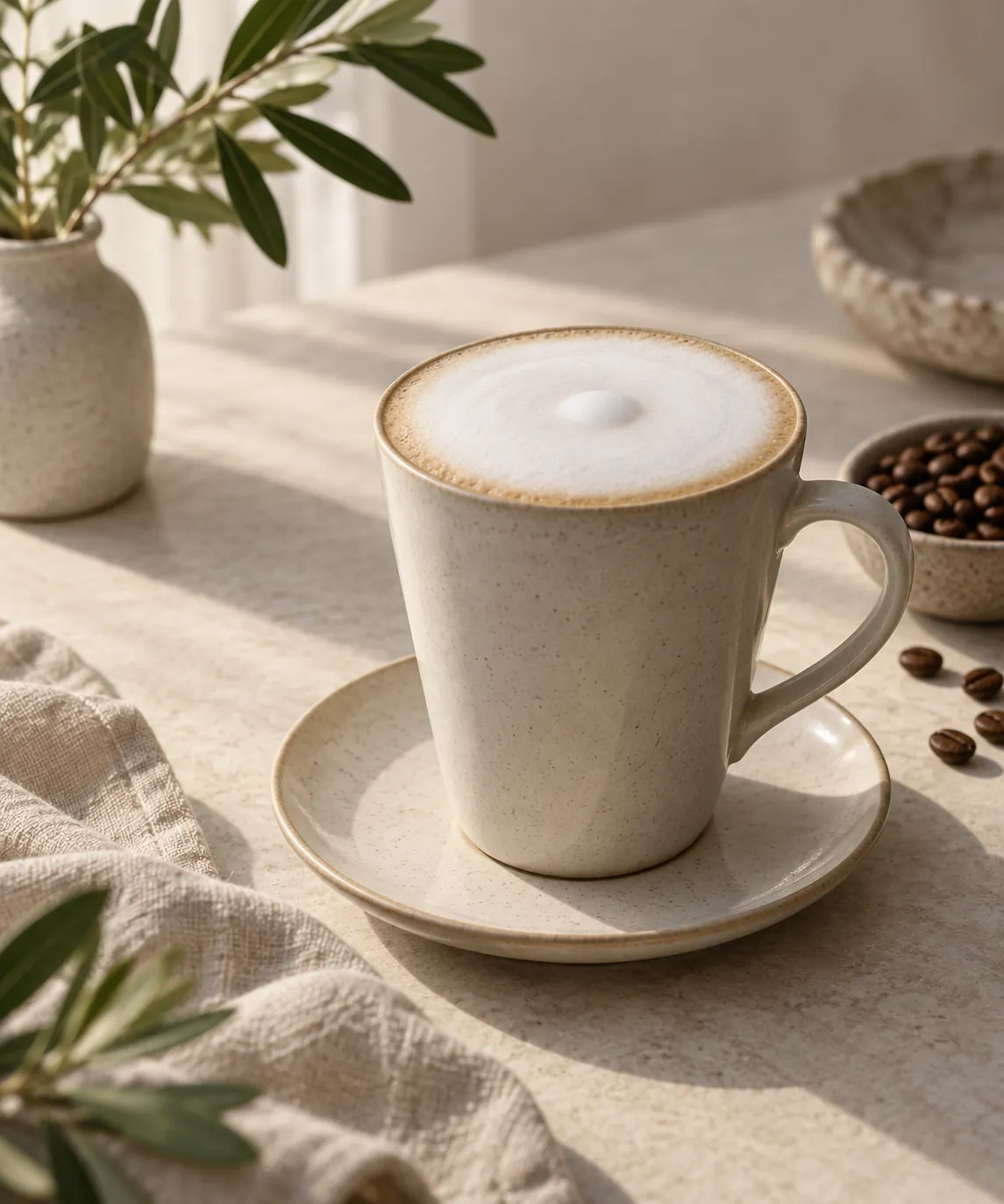 A tall ceramic latte cup on a saucer holding coffee under a thin even layer of white foam with a small round dot at the centre