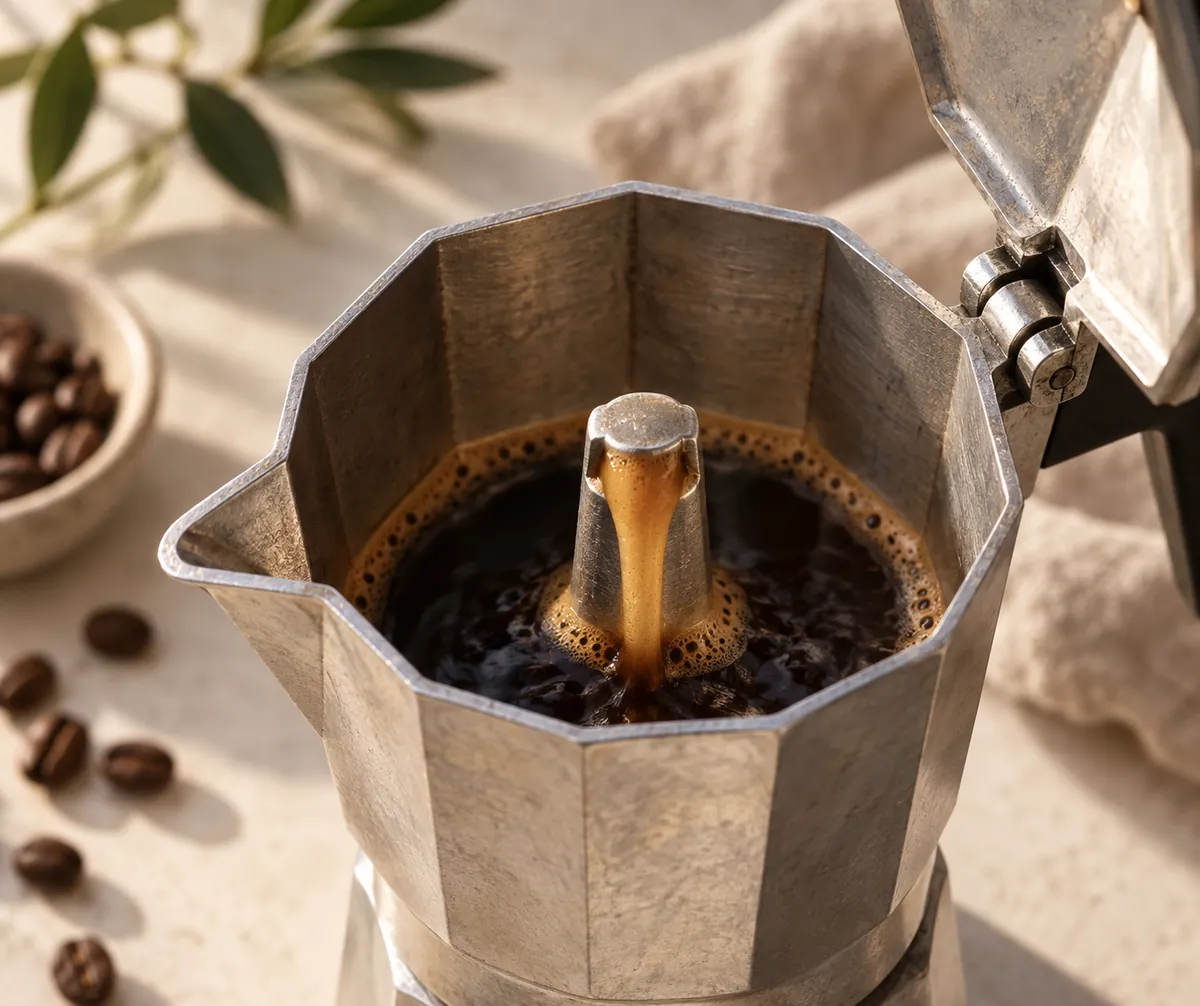 The stream in a moka pot chimney turning from near black to pale golden brown