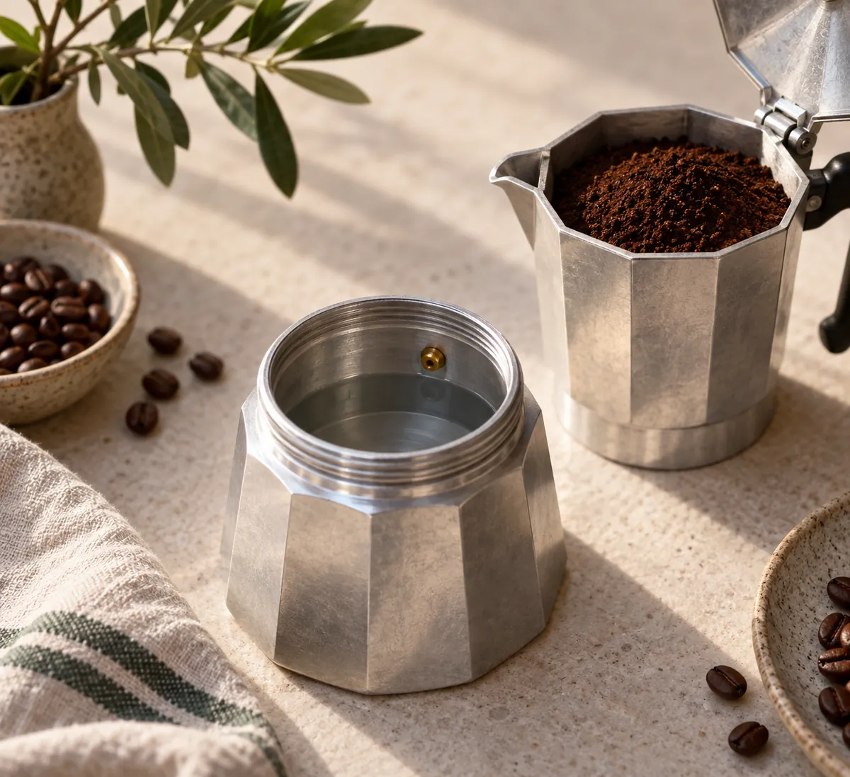 The open base of a moka pot with water standing just under a small brass safety valve