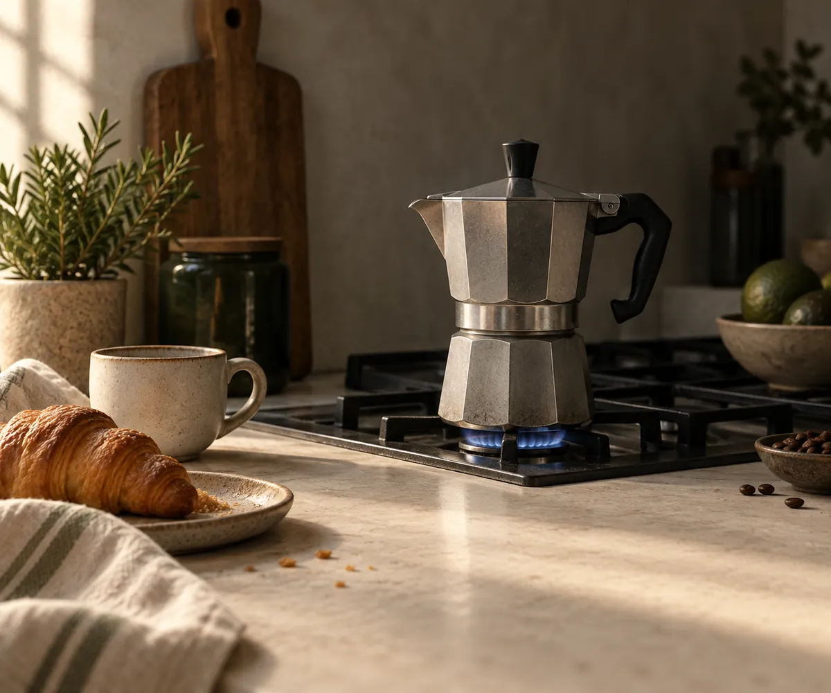 A low gas flame burning entirely within the footprint of a moka pot base
