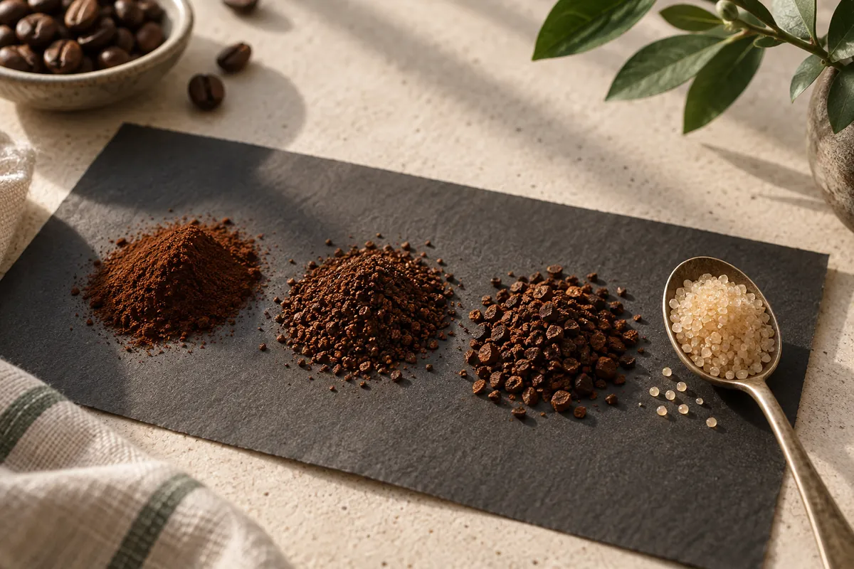 Three small heaps of ground coffee running from powder fine to gritty beside a spoon of granulated sugar