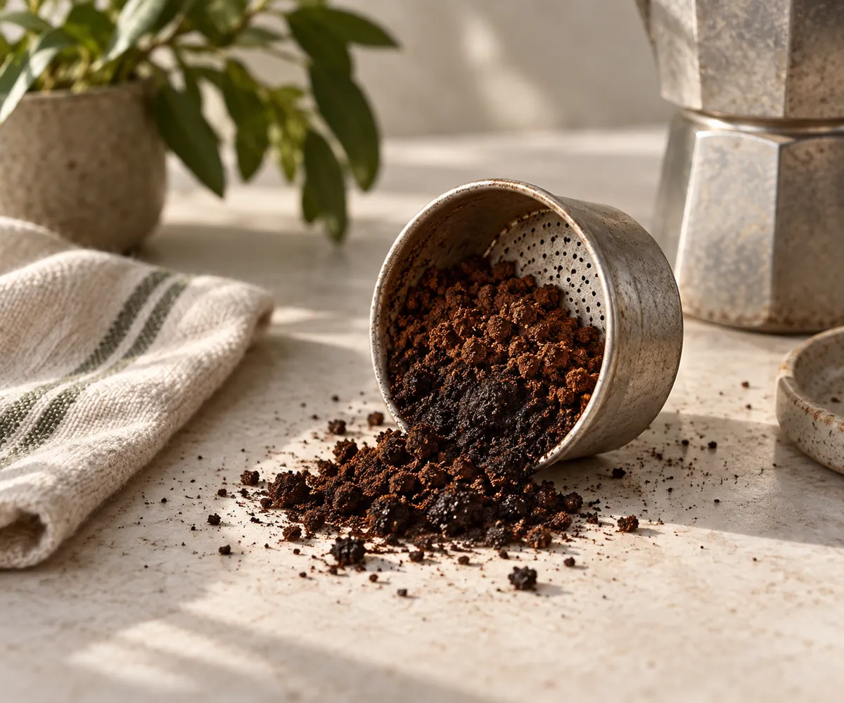 A spent moka pot basket tipped out to show grounds scorched darker at the base than on top