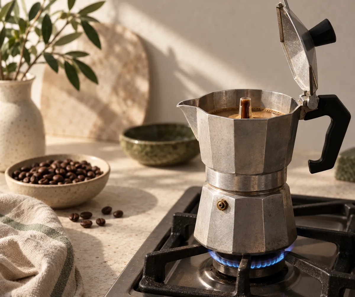 A slow dark stream rising into the upper chamber of an open moka pot