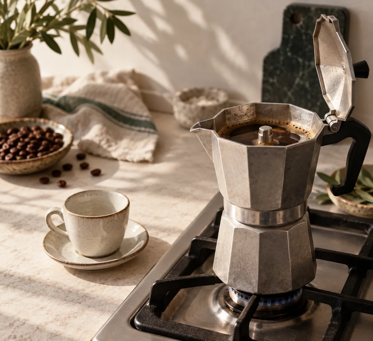 An aluminium moka pot on a stovetop with its lid open and dark coffee filling the upper chamber