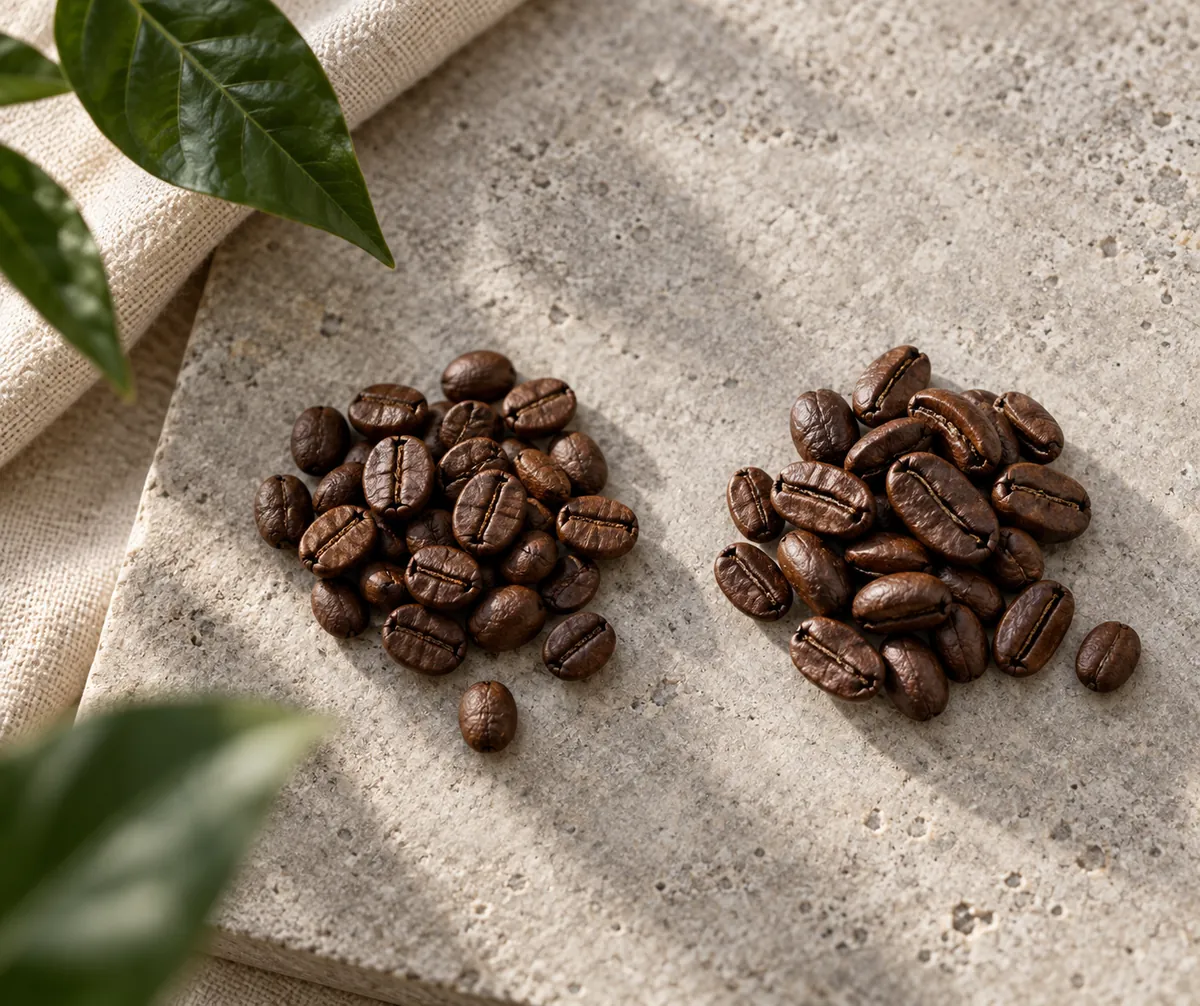 Two small piles of roasted beans, one rounder with a straight centre crease and one longer with a curved crease