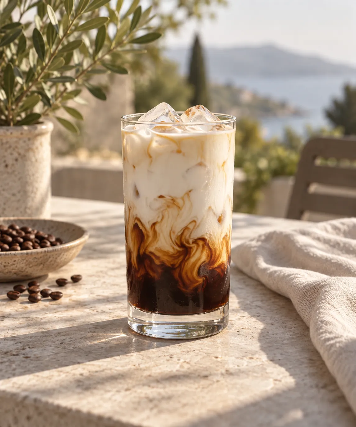 A tall glass of ice with dark coffee poured through pale milk, the coffee still visibly dark at the base