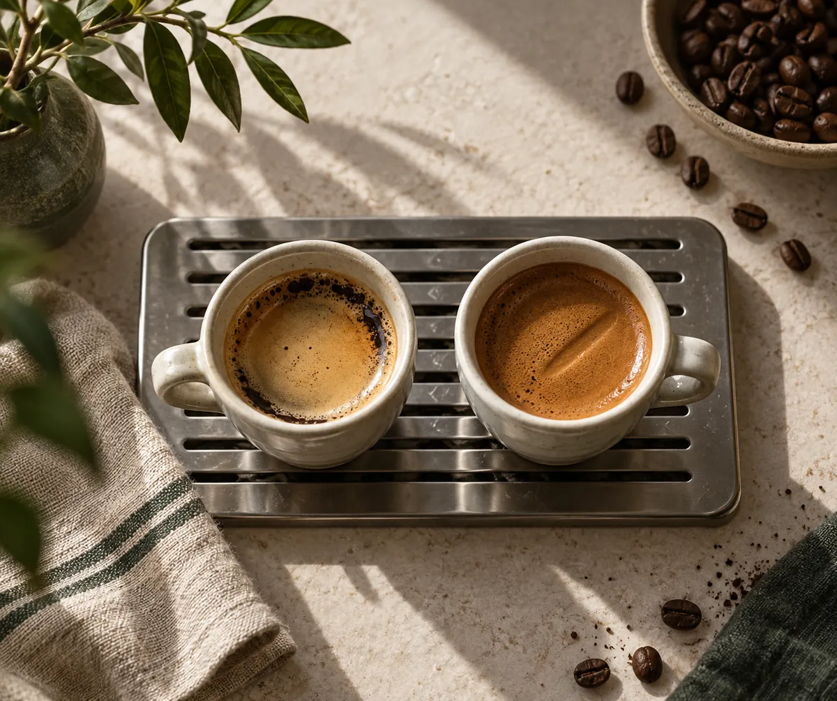 Two espresso shots side by side, one under a thin pale crema and one under a thick hazel layer still holding a spoon mark