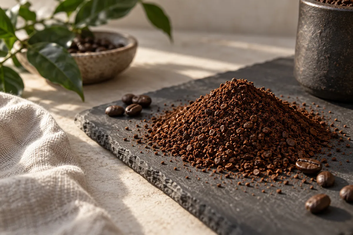 A heap of ground coffee the texture of coarse sand with individual grains visible under a raking light