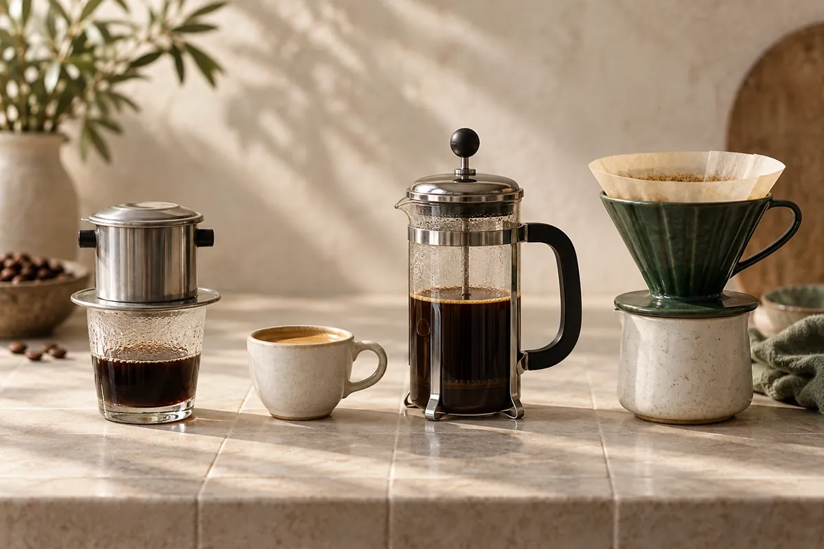 A phin dripper, a small espresso cup, a French press and a paper cone standing together in a line