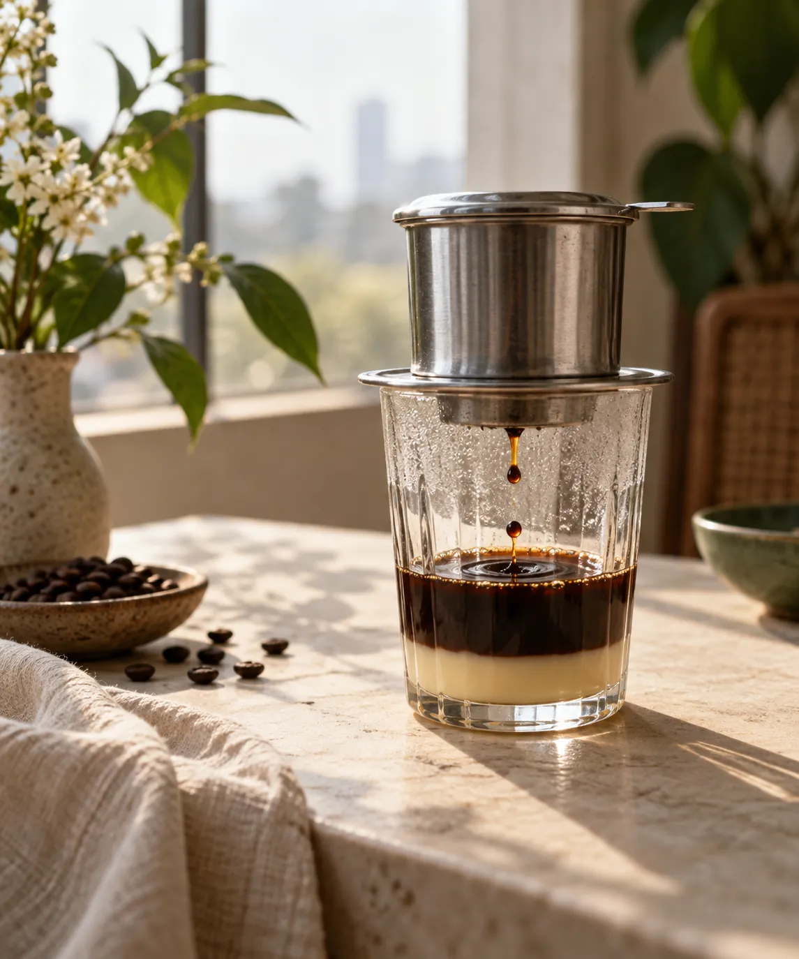 Dark coffee falling drop by drop from a metal phin into a glass with a pale condensed milk layer at its base