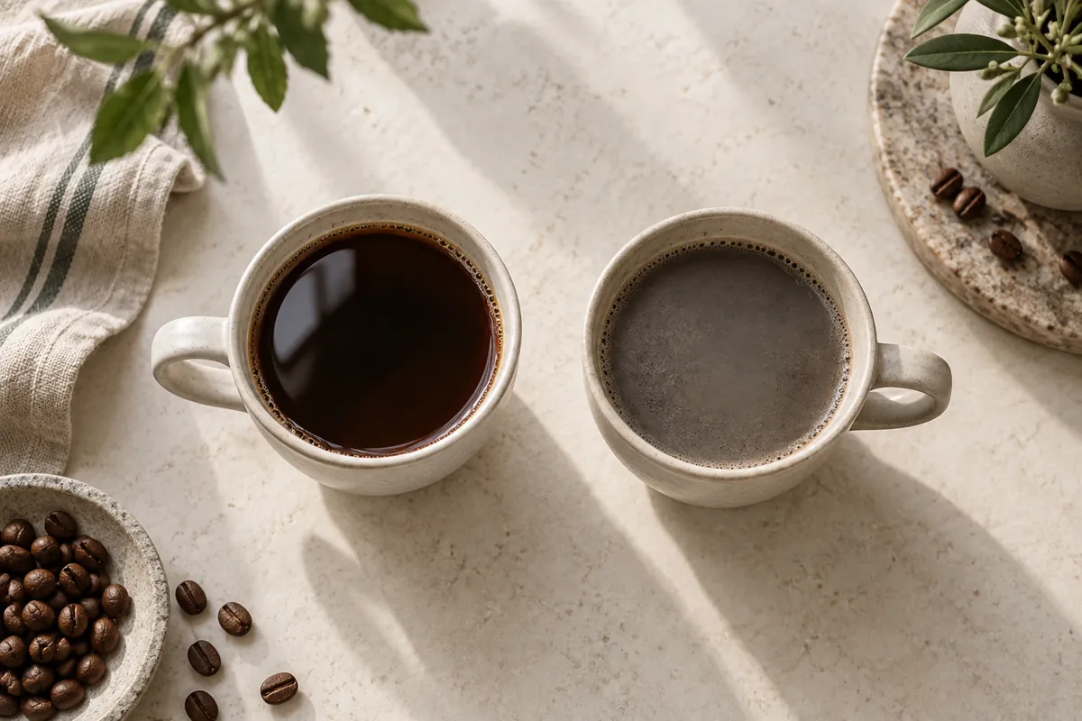 Two cups of black coffee side by side, one clear dark brown and one dull and flat with a grey cast