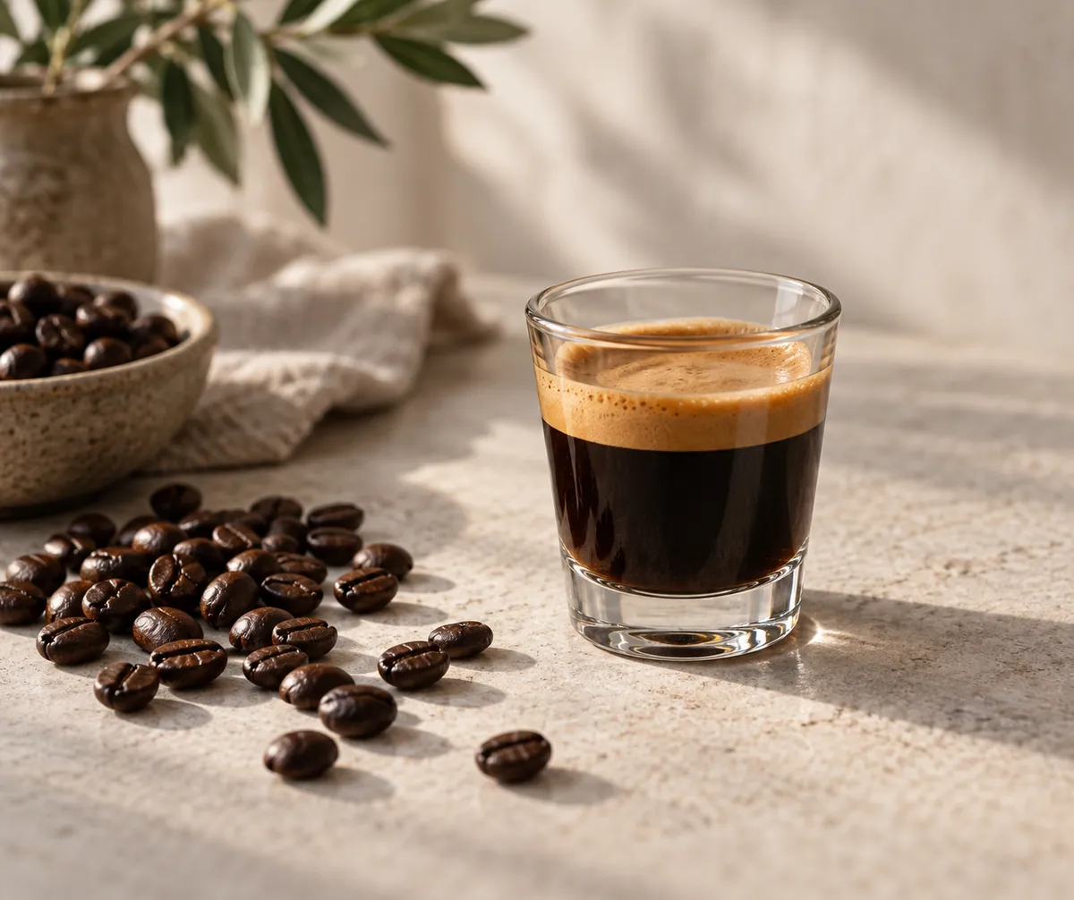A small glass of very dark strong coffee with a thick hazel crema beside a scattering of round dark-roasted beans
