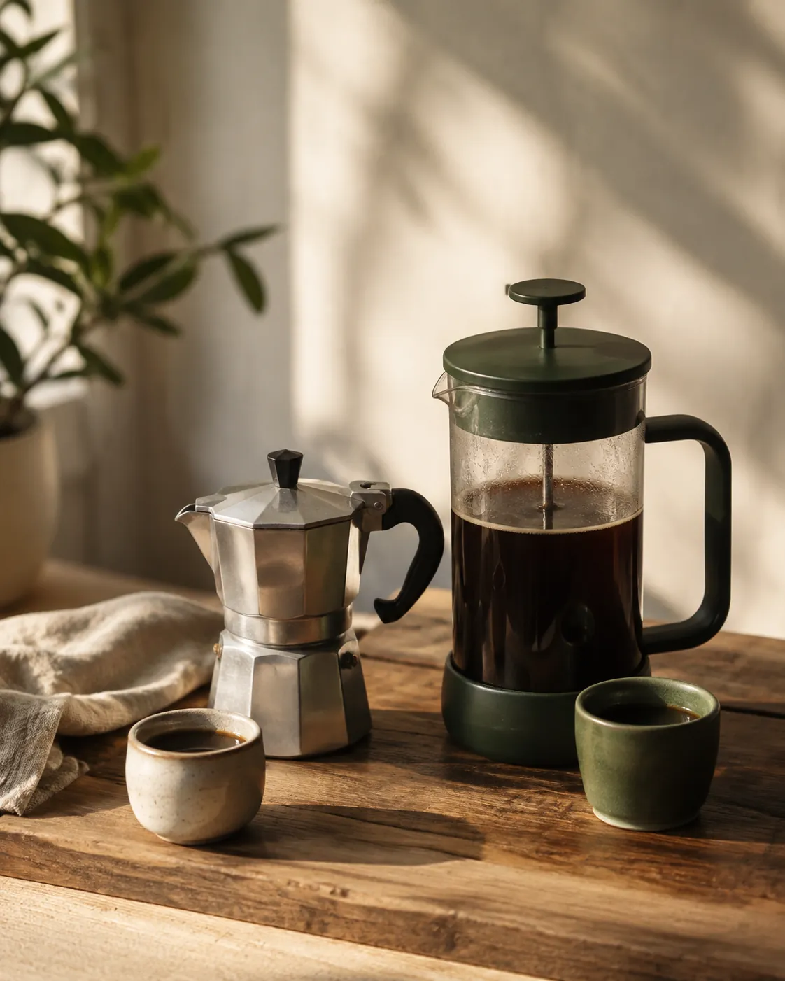 A stovetop moka pot and an assembled press-style coffee maker standing beside two small cups of dark concentrated coffee