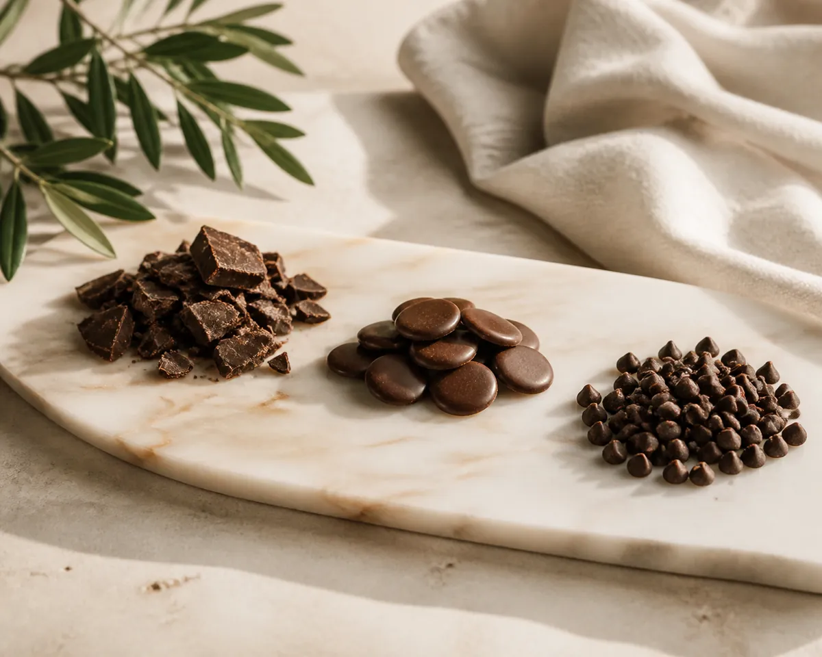 Chopped dark chocolate, flat couverture discs and small chocolate chips in three separate heaps on a pale board
