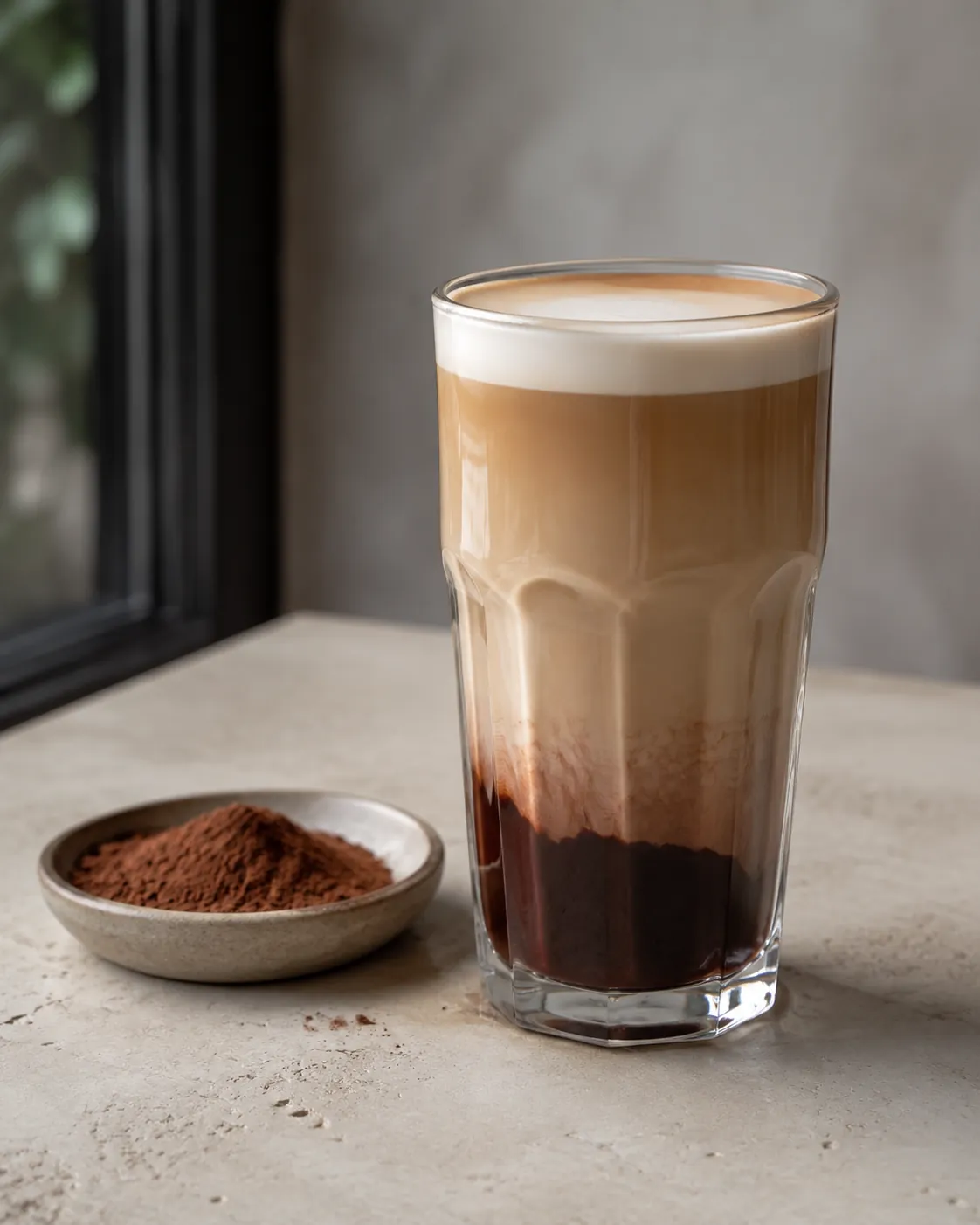 A glass mocha showing layers of chocolate, espresso and steamed milk