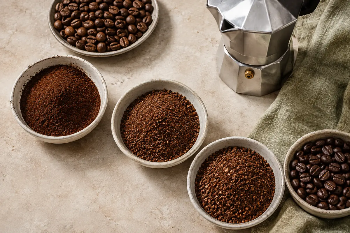 Fine, fine-to-medium, and coarse coffee grounds compared beside roasted beans and a moka pot