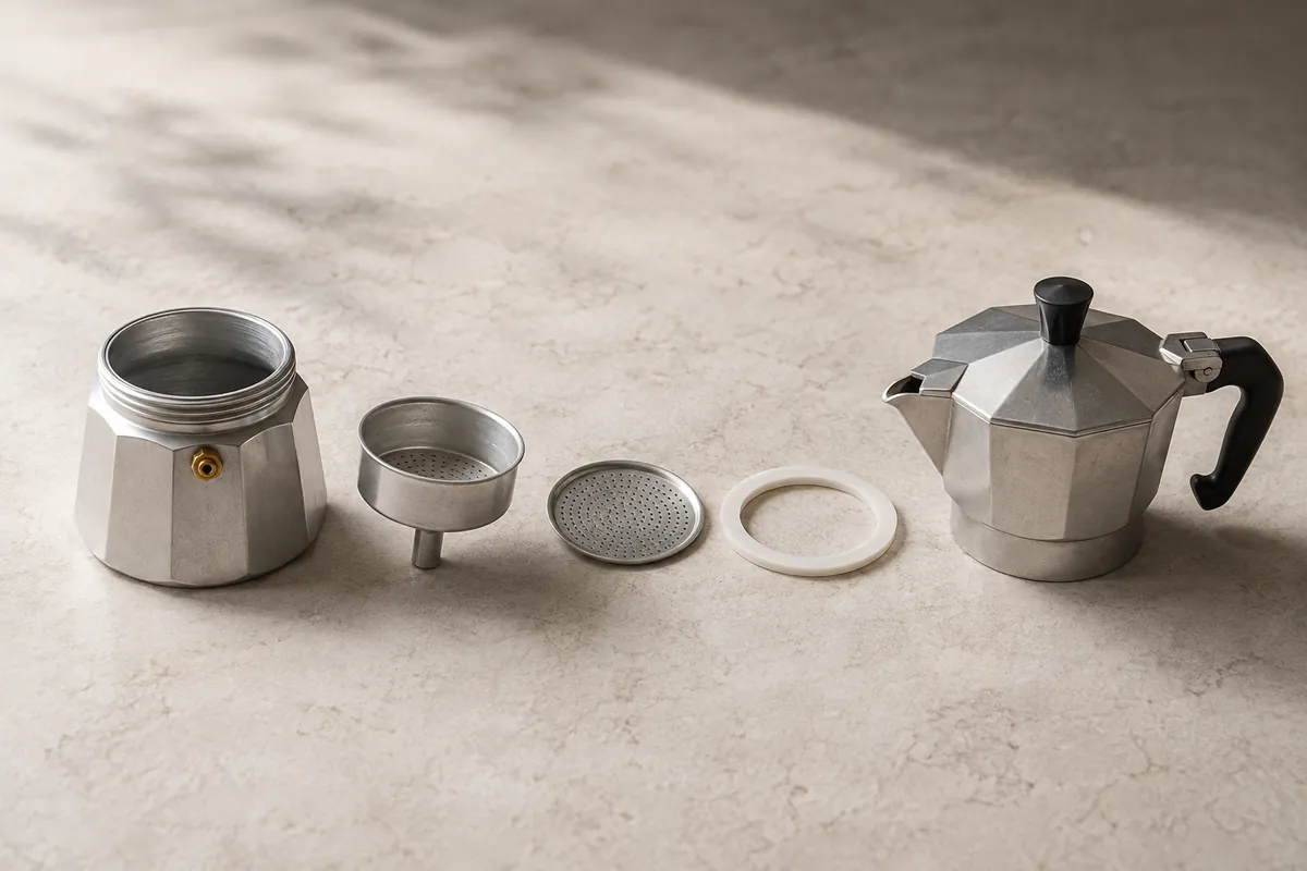 A cup of moka pot coffee beside a moka pot separated into its lower chamber, coffee basket, and upper chamber