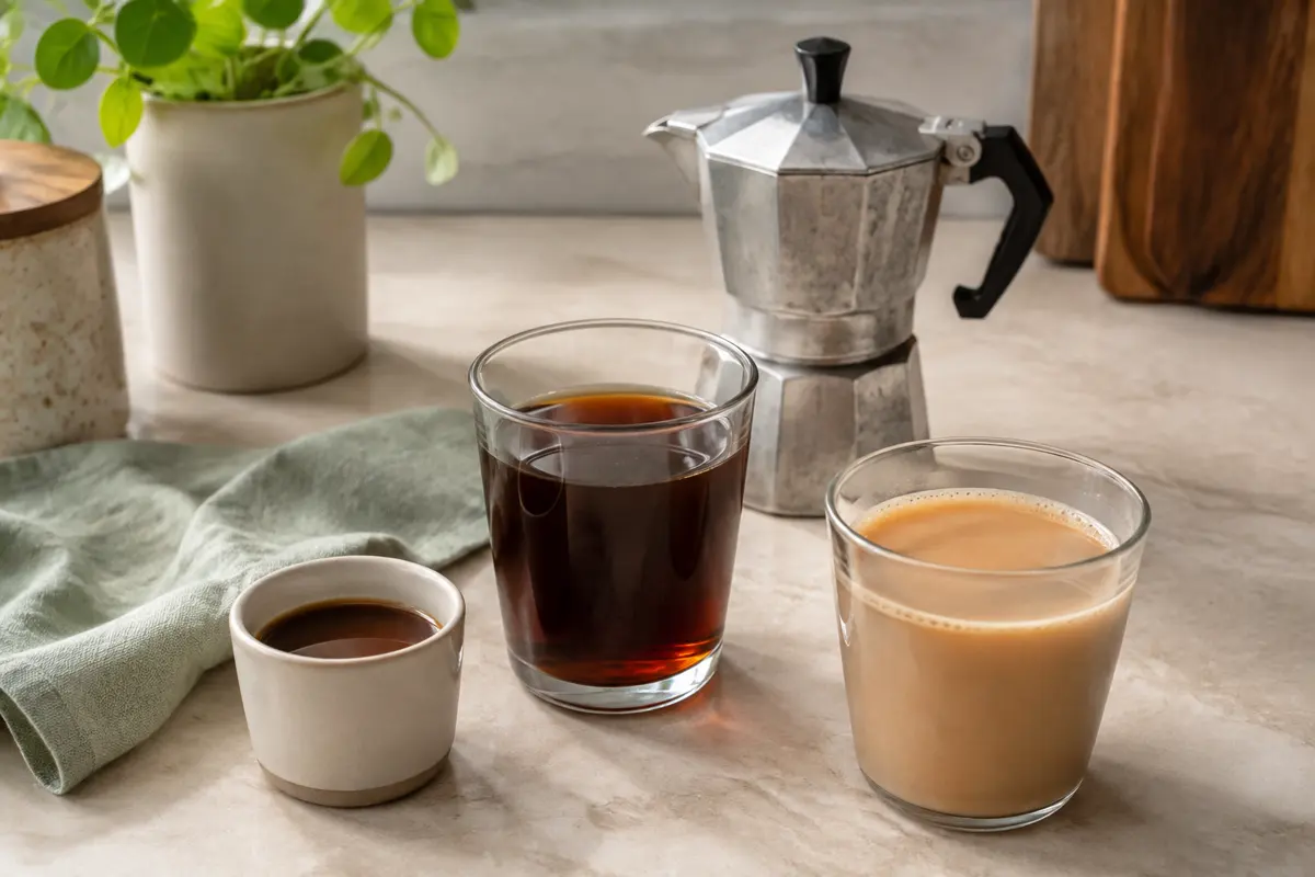 Straight, hot-water-diluted, and warm-milk servings of moka pot coffee arranged beside an unbranded moka pot