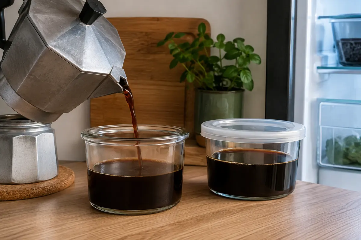 Fresh moka pot coffee being transferred into a small glass storage container beside a sealed chilled portion
