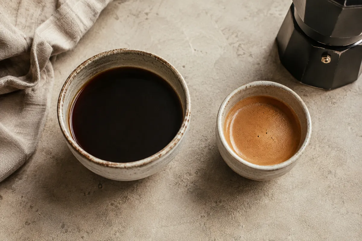 Moka pot coffee in a small ceramic cup beside a smaller espresso shot with a visible crema layer