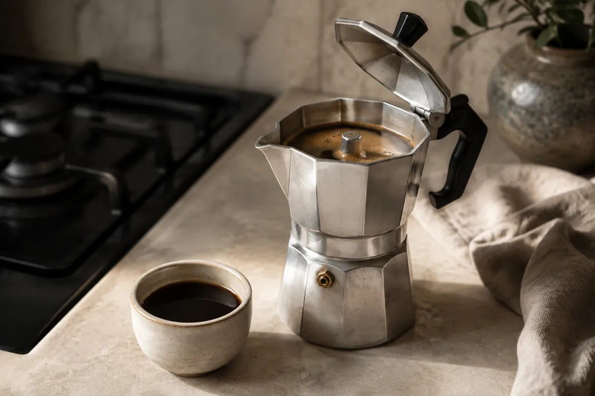 An open aluminum moka pot beside a small cup of concentrated black coffee