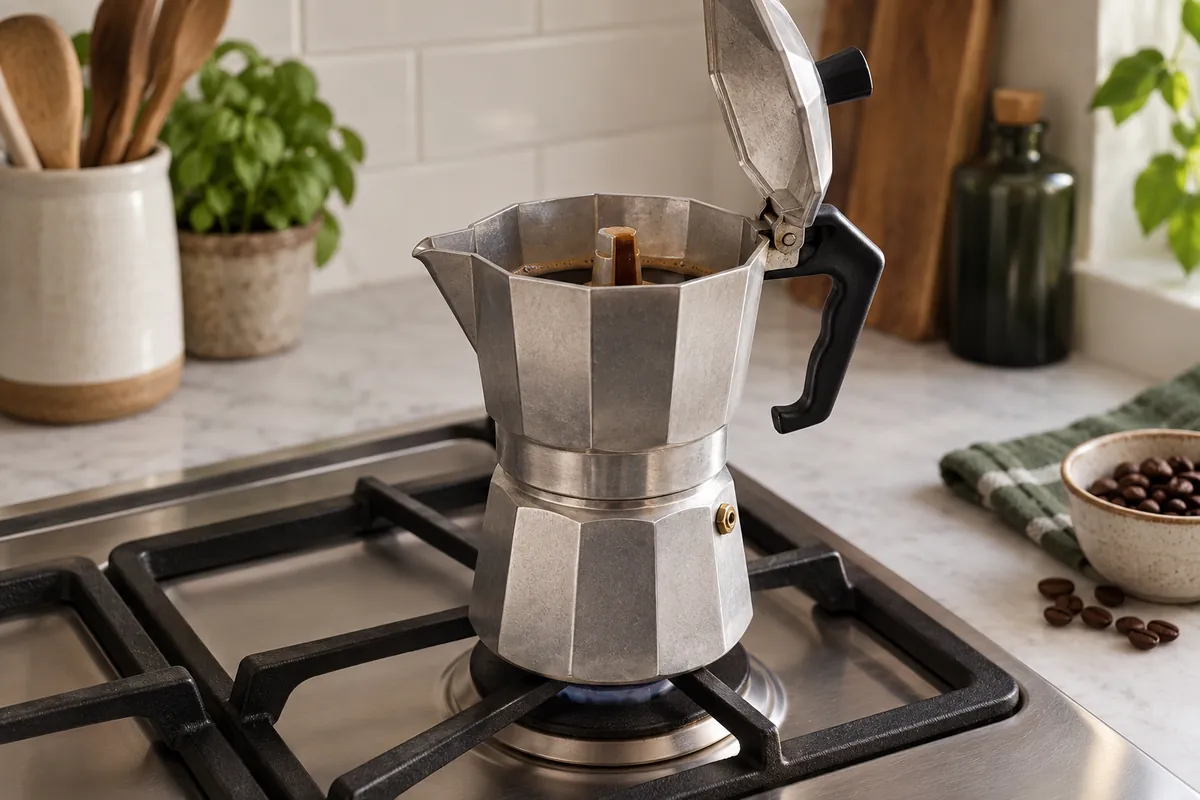 Stovetop moka pot producing a controlled dark stream from its central chimney