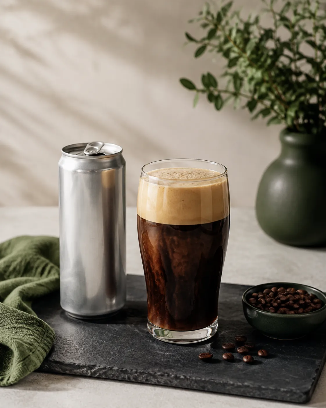 An open plain aluminium can beside a glass of freshly poured nitro coffee with a settling head