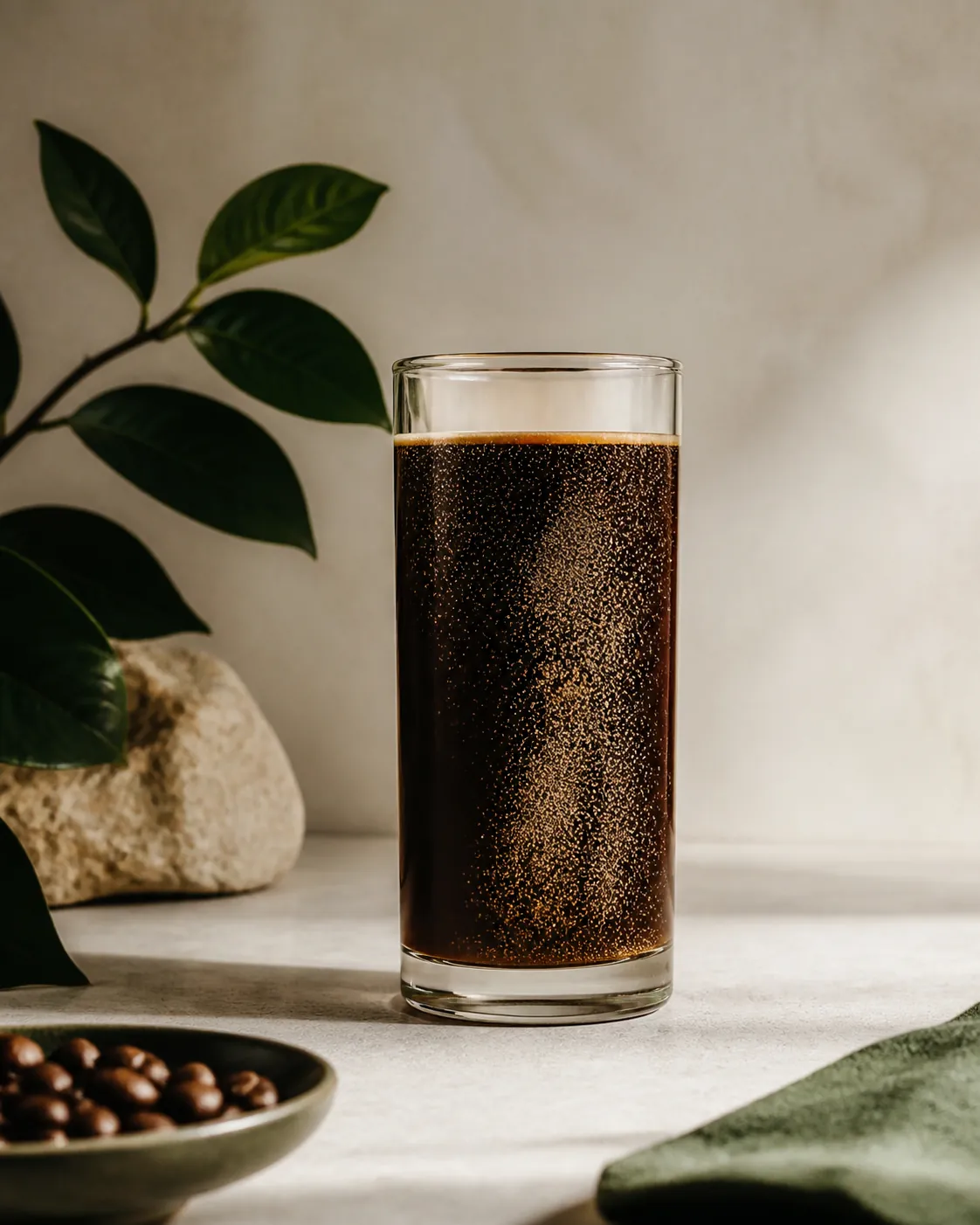 A straight-sided glass of dark coffee with a dense curtain of tiny pale bubbles surging downwards through it