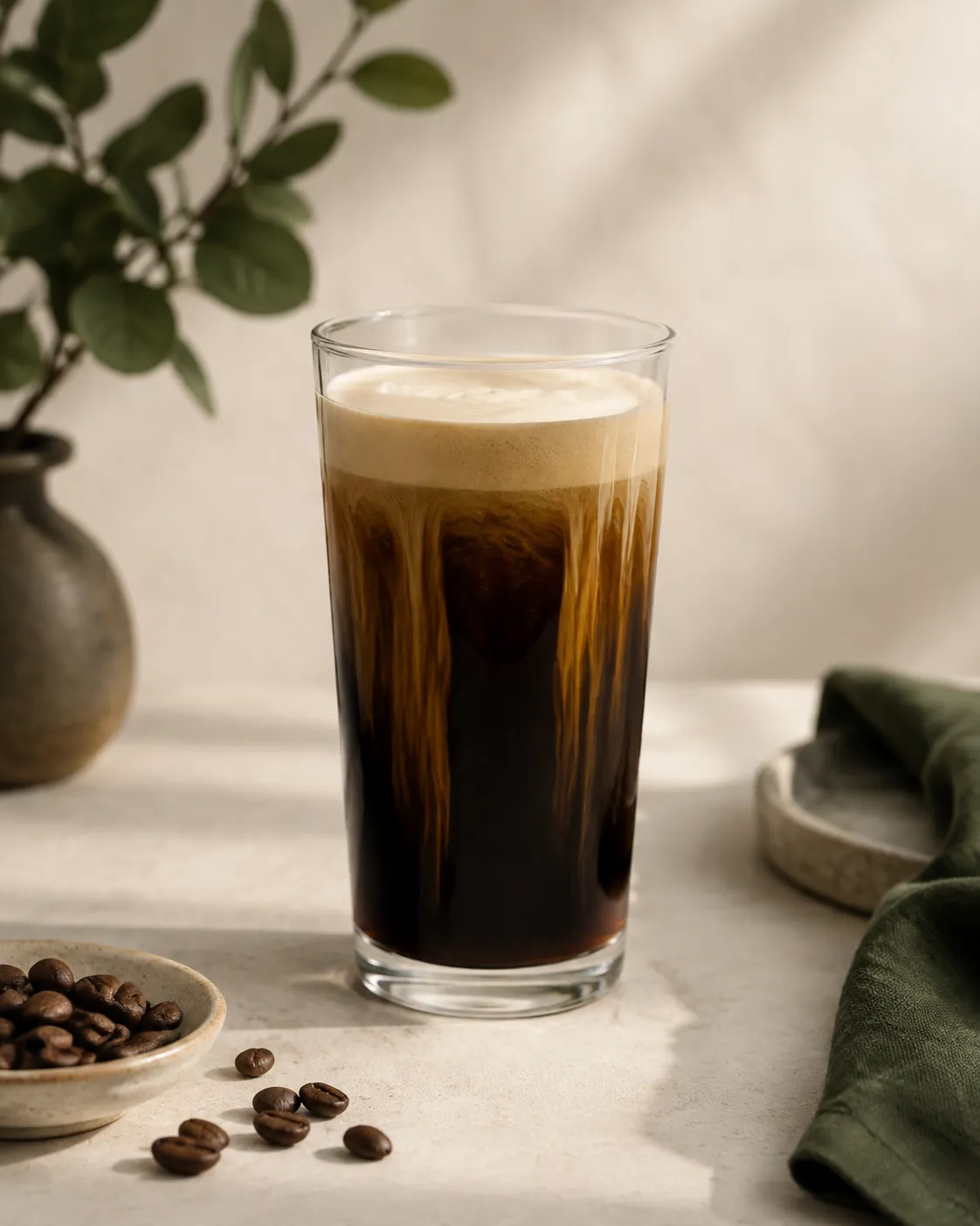 A tall glass of nitro coffee mid-settle, pale streaks descending at the glass wall while the centre stays dark