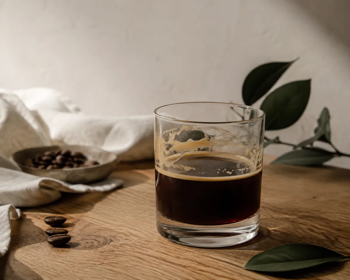 A half-finished glass of nitro coffee with the foam collapsed to a thin uneven ring around the rim