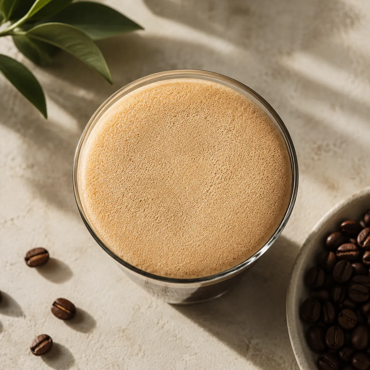 Close view of a thick pale tan foam on top of dark coffee, the surface fine-grained with no large holes