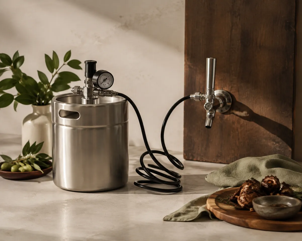 A stainless steel keg with a gas regulator and a coiled line running from it to a chrome tap