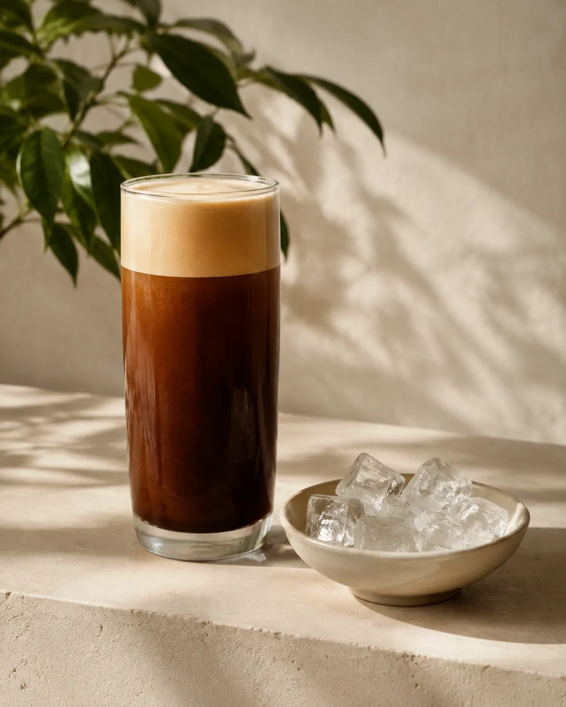 A tall glass of nitro coffee with a standing pale head beside an untouched bowl of ice cubes