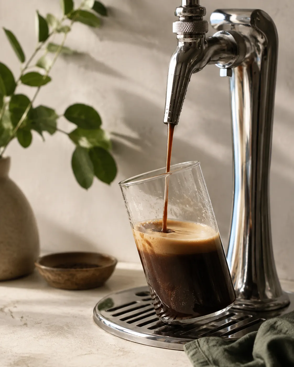 A stout-style tap spout with a short creamy stream of dark coffee falling into a tilted glass below it