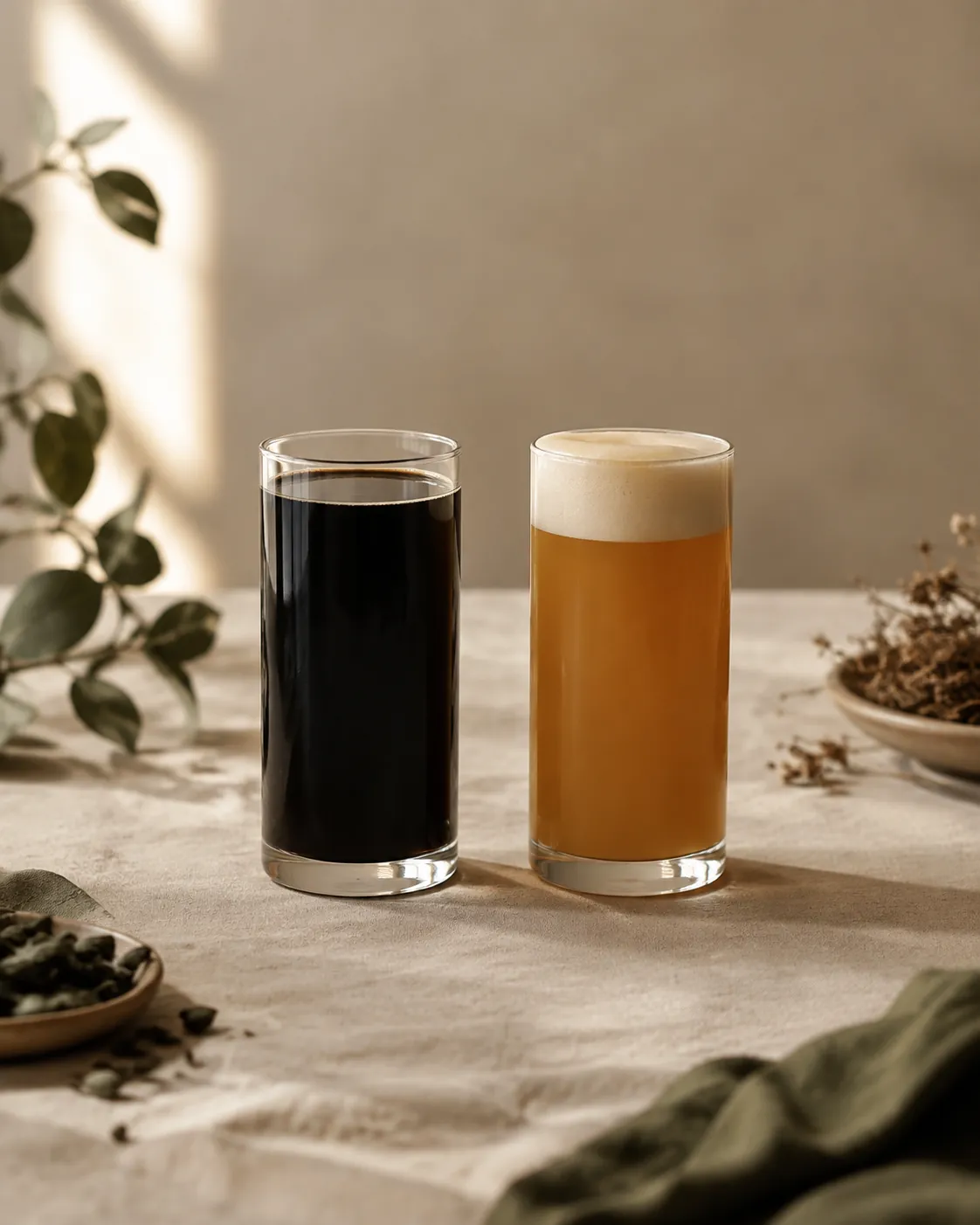 Two identical glasses side by side, one dark and still, the other capped with pale foam and a hazy body