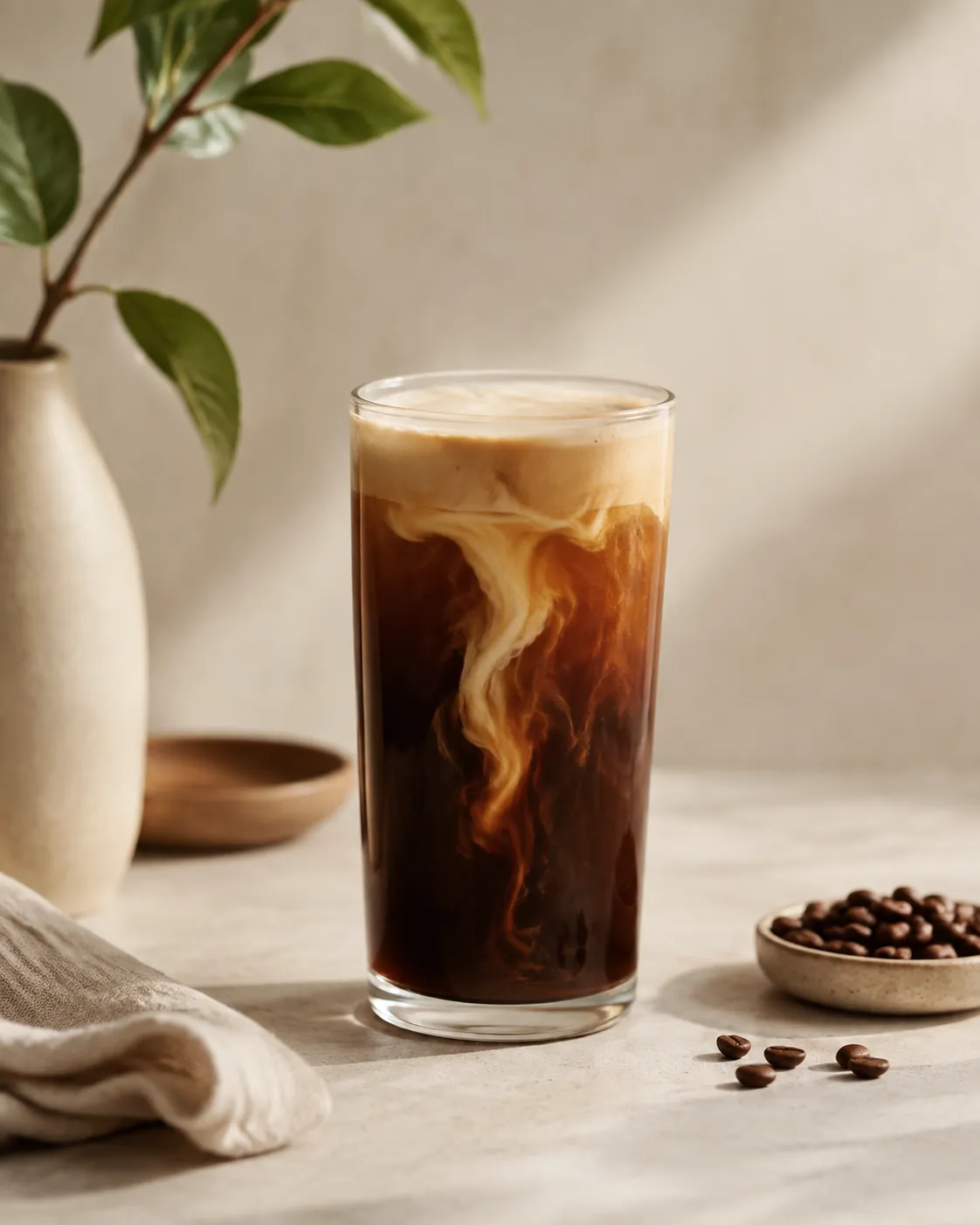A glass of nitro coffee with a pale streak of milk sinking through the body and disturbing the foam above