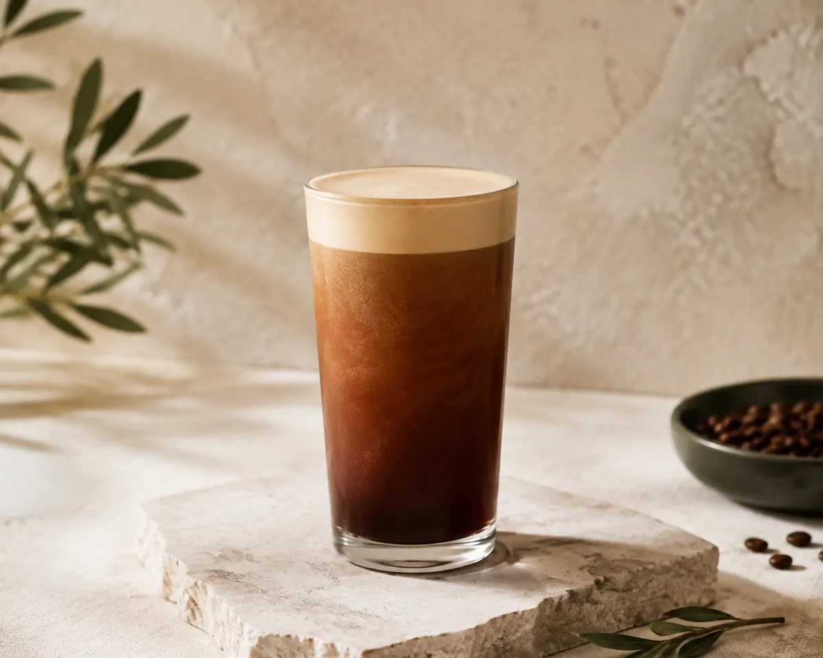 A straight-sided glass of nitro coffee with a pale cascade of fine bubbles and a dense head settling on top