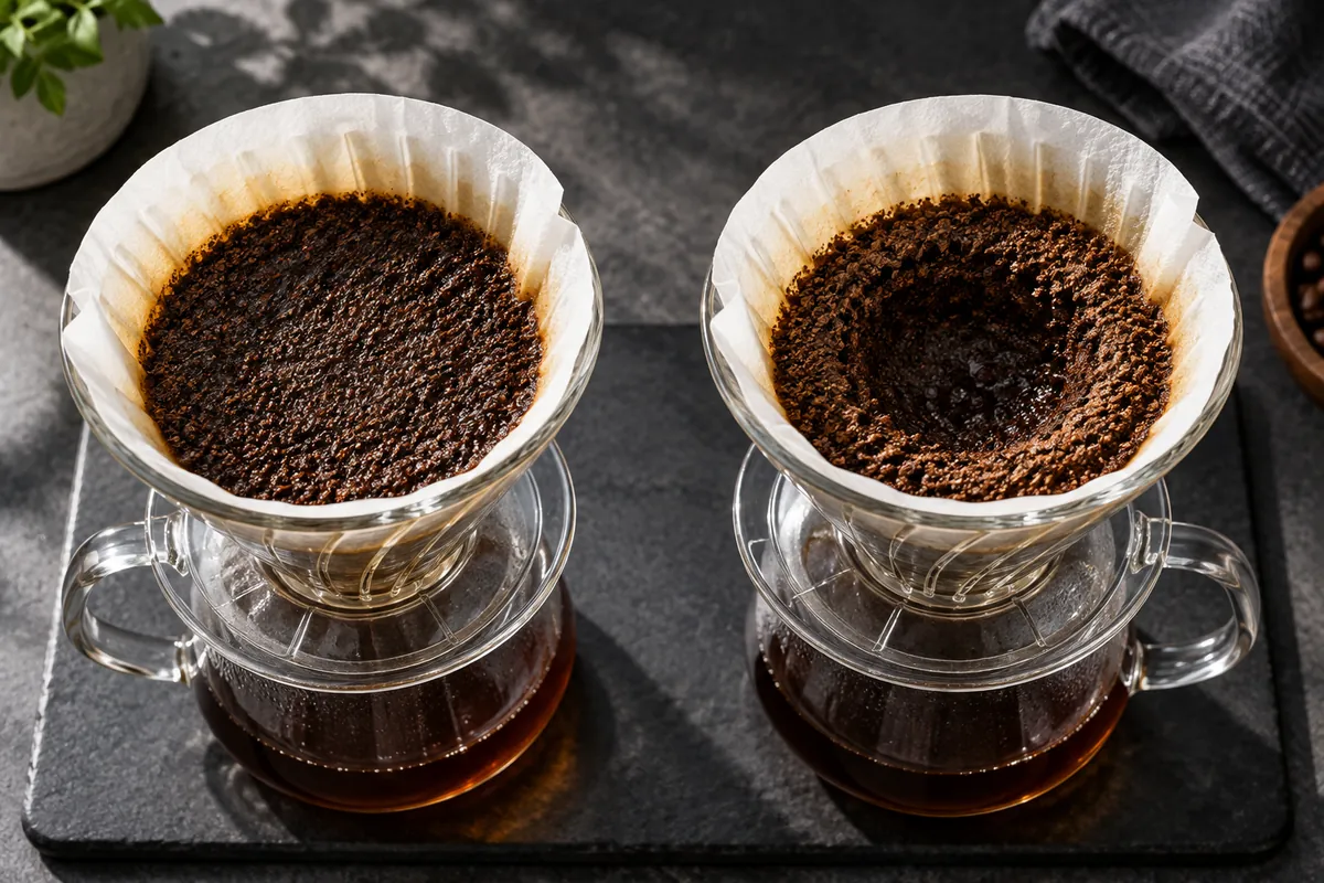 Two matching brewed pour-over beds show a level wet surface and a crater with high dry grounds
