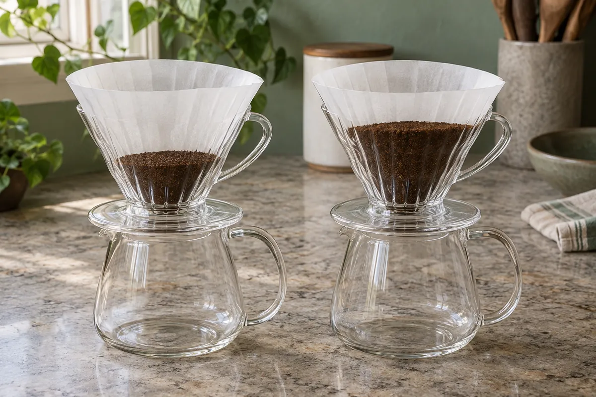 Two matching pour-over cones hold shallow and deeper level beds of ground coffee