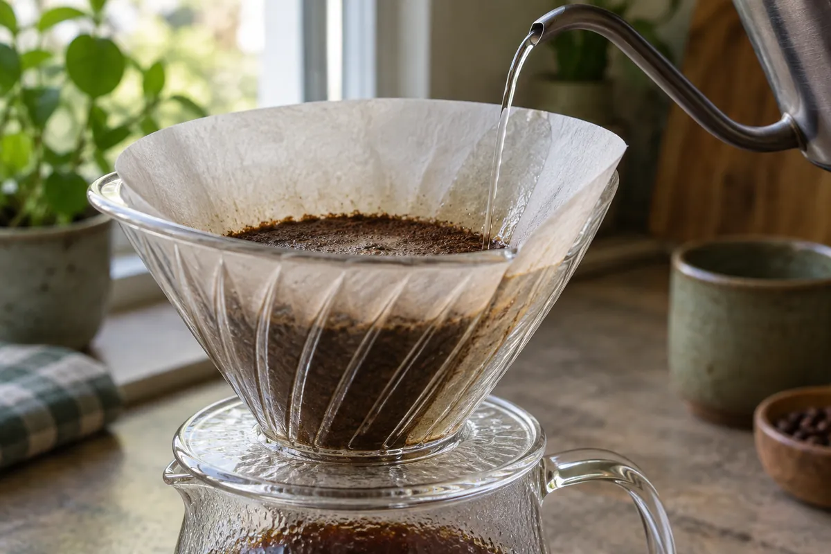 Water from a kettle falls along exposed paper beside the coffee bed in a pour-over cone