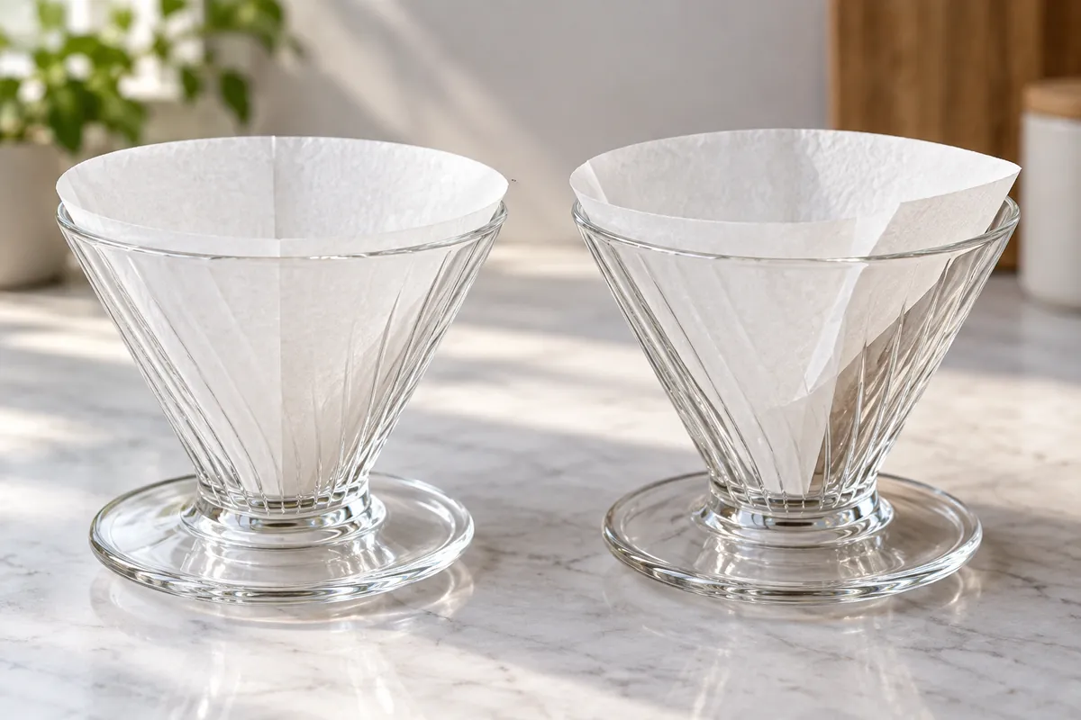 Two matching glass pour-over cones show a paper filter seated flush and another folded with a side gap