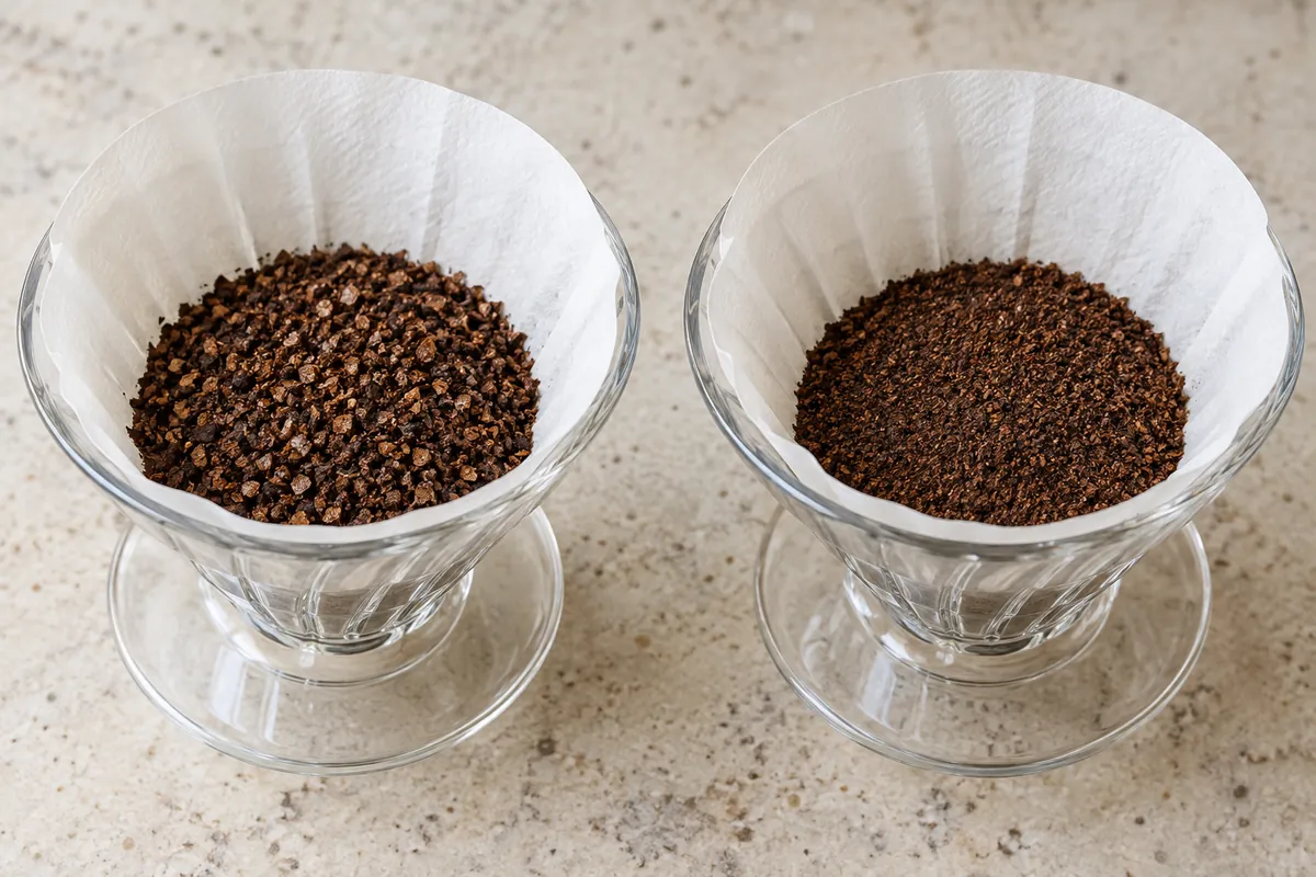 Two matching paper-lined pour-over cones hold coarse and medium-fine dry coffee grounds