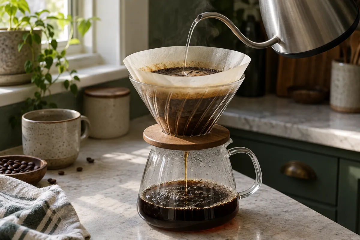 Paper-filter pour-over brewer with a kettle stream crossing the bed of ground coffee