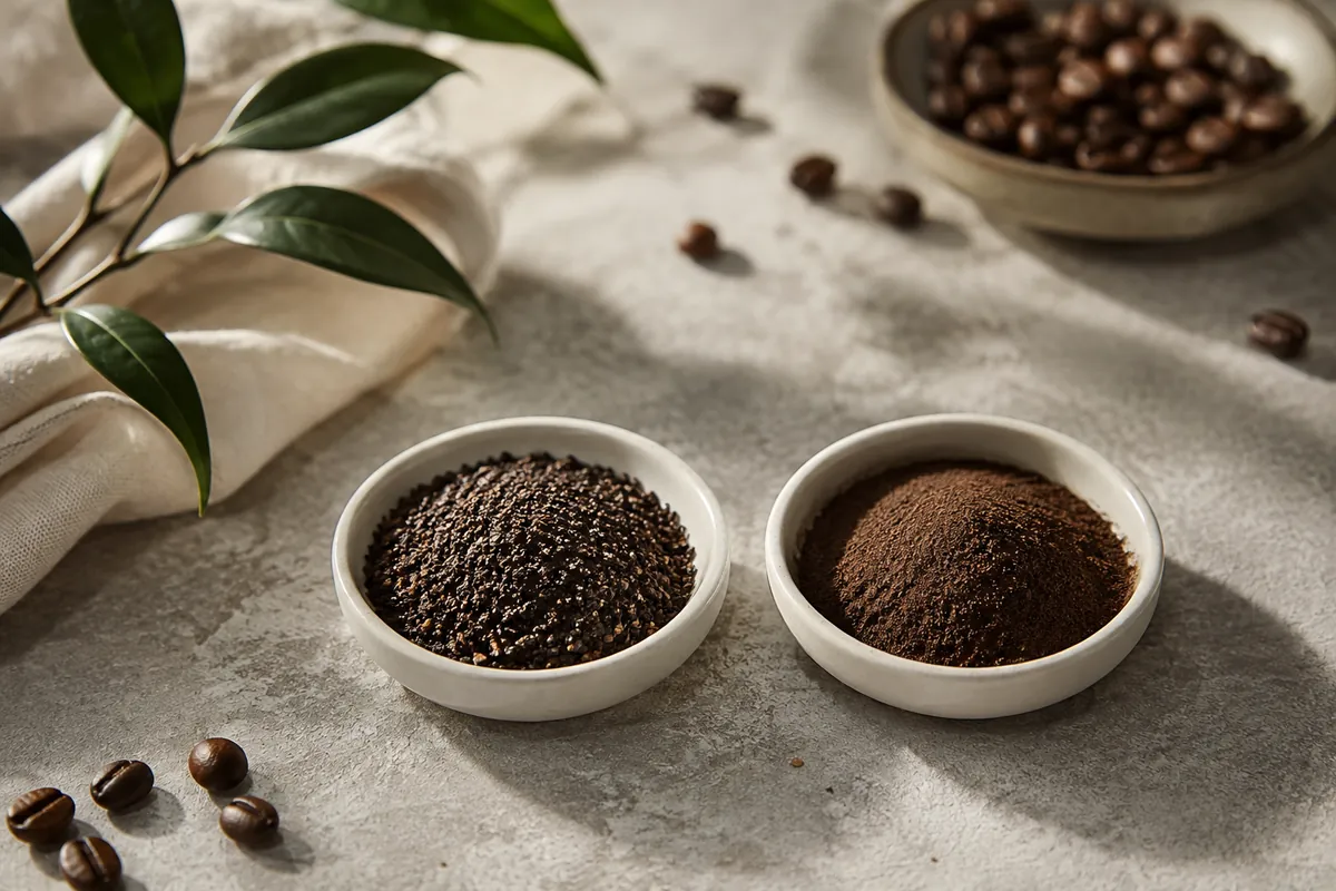 Two small white dishes of ground coffee side by side, the left a coarse gritty grind and the right a fine powdery one