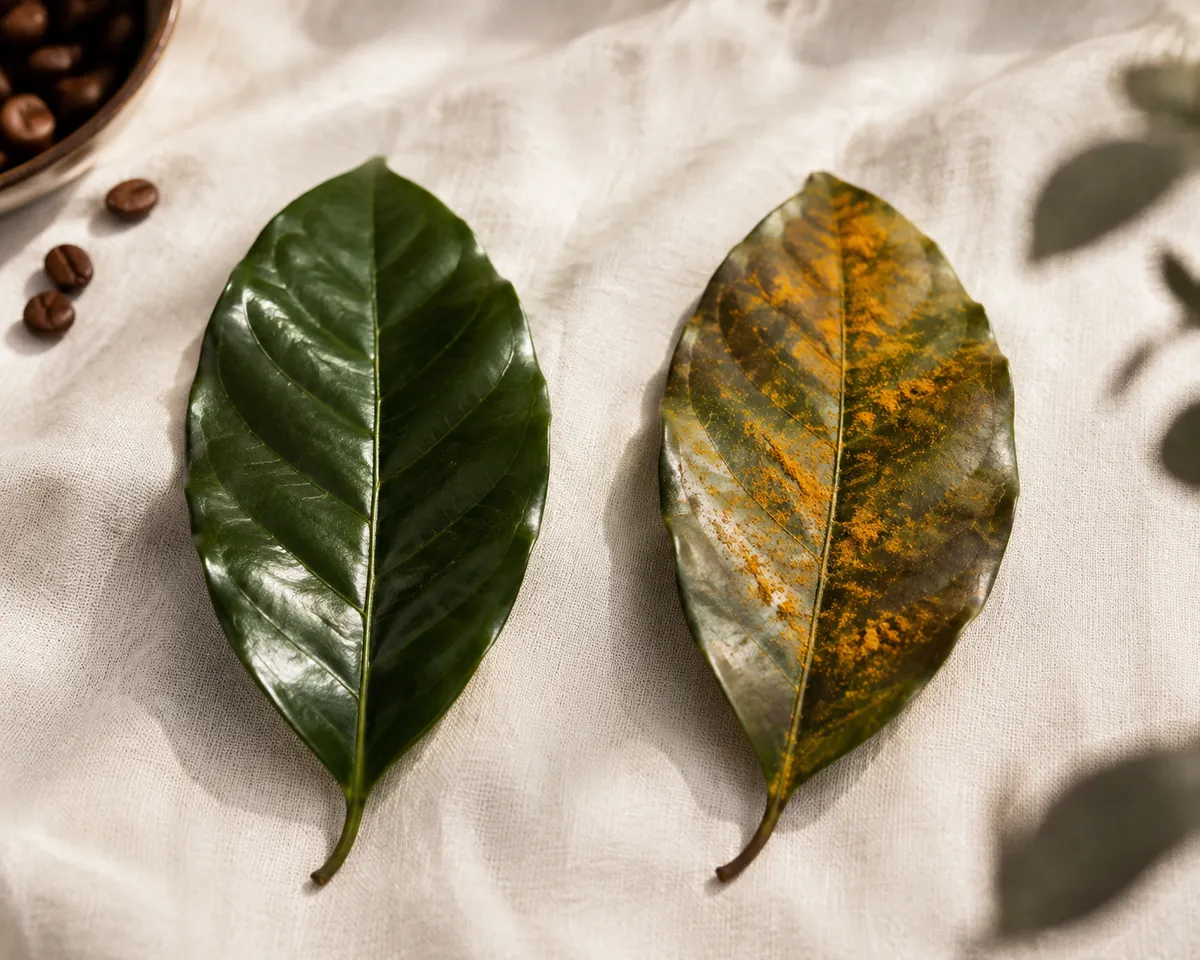 Two coffee leaves on a pale surface, one glossy dark green and unmarked, the other blotched with powdery orange-yellow rust