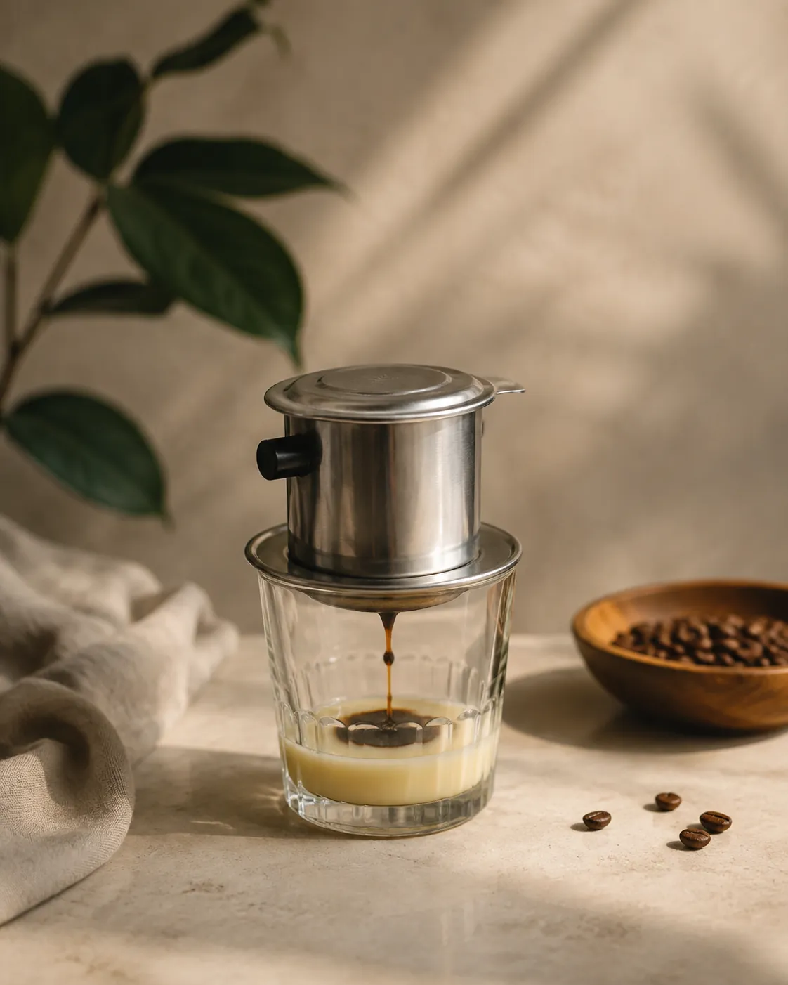 A small metal phin filter sitting on a glass tumbler, dark coffee dripping through onto a thick layer of condensed milk at the bottom