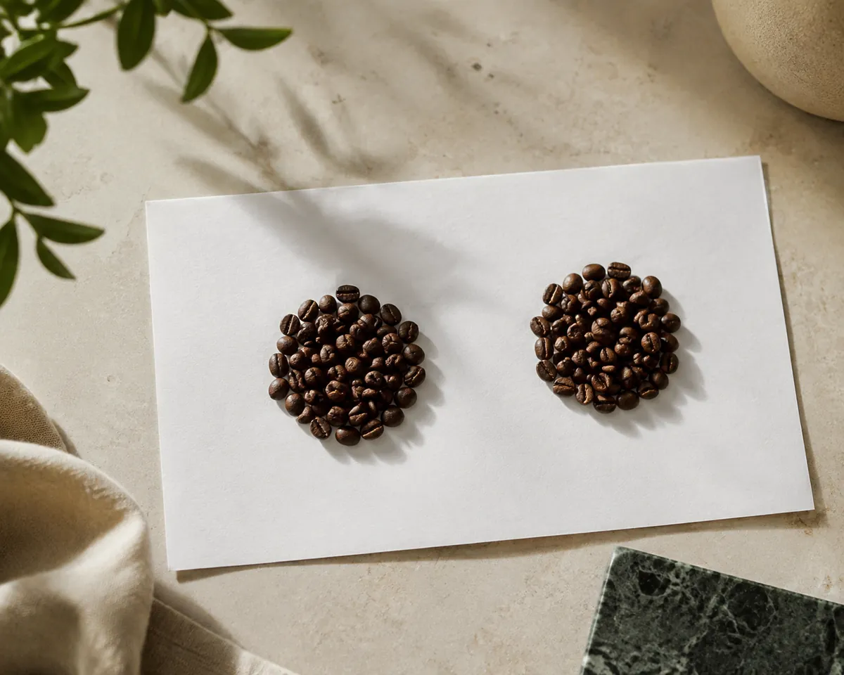 Two small heaps of dark roasted coffee beans side by side on white paper, near identical in colour and size