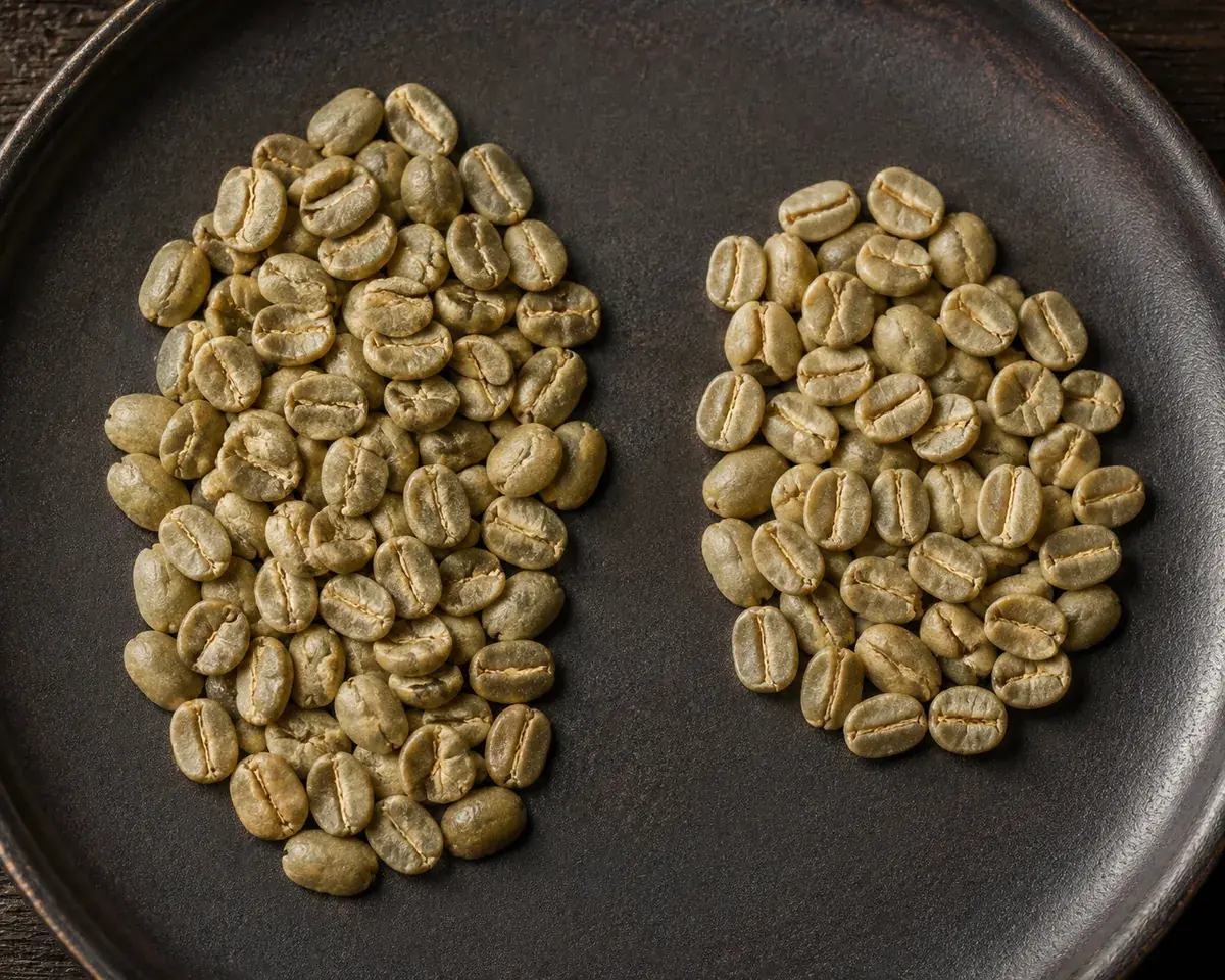 Round robusta coffee beans beside longer arabica beans on a dark surface