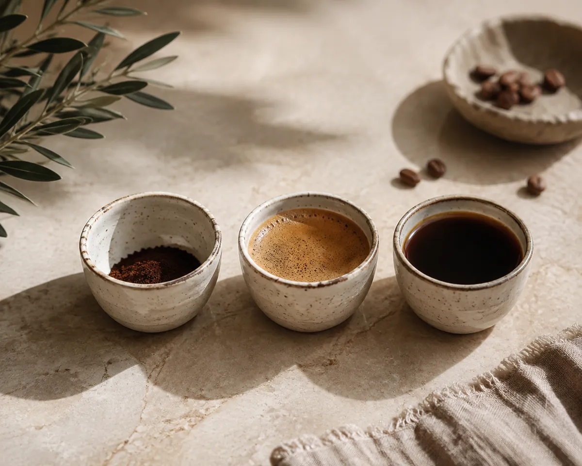 Three small coffee cups side by side: a Turkish cup with grounds settled, an espresso with crema, and a demitasse