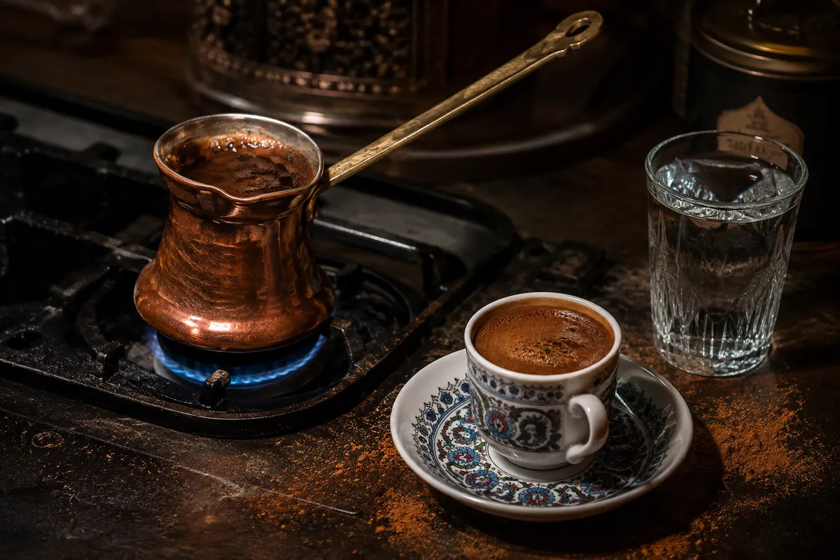 A small copper cezve beside a cup of Turkish coffee with foam on top